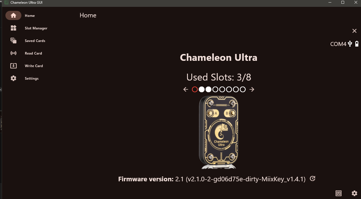 ChameleonUltraGUI main screen with the Settings button in the lower-right corner