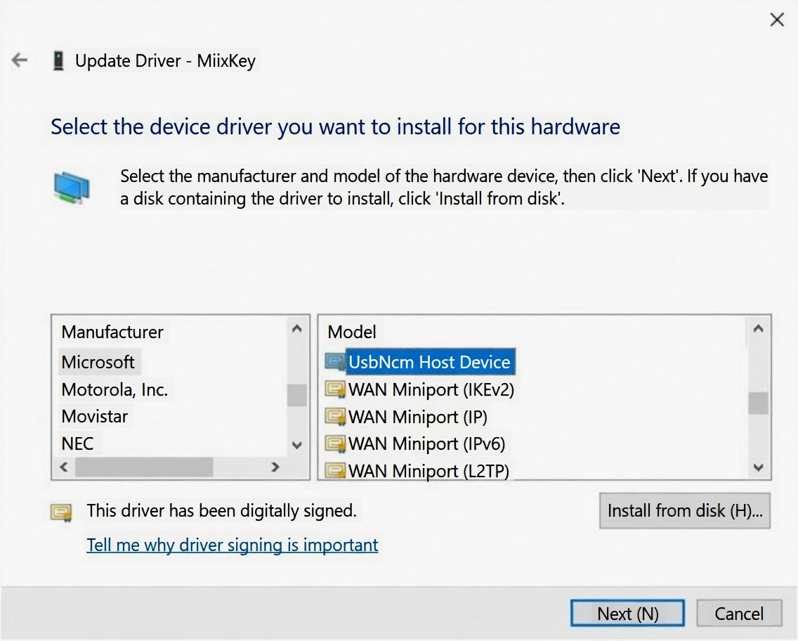 Select Microsoft UsbNcm Host Device