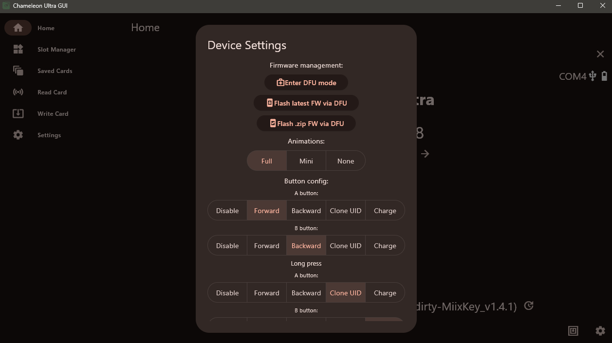 ChameleonUltraGUI Device Settings dialog showing Flash .zip FW via DFU